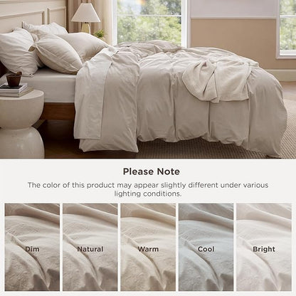 Bedsure 100% Washed Cotton Duvet Cover Oversized King - Linen Color Minimalist Bedding Set Linen Like - PureWoven Plain Simple & Soft Comforter Cover for All Seasons (Oversized King, 120"x98")