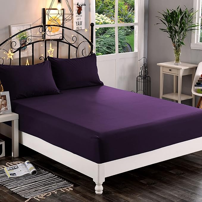Elegant Comfort 1500 Premium Hotel Quality 1-Piece Fitted Sheet, Softest Quality Microfiber - Deep Pocket up to 16 inch, Wrinkle and Fade Resistant, Queen, Eggplant-Purple