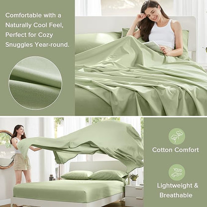 Comfort Spaces 100% Cotton Sheets Twin XL, Breathable & Soft Cotton Sheets, Naturally Cool Cotton Bed Sheets with 12" Elastic Pocket Fits up to 14" Mattress, All Seasons Sheet Set, Sage Green 3 Piece