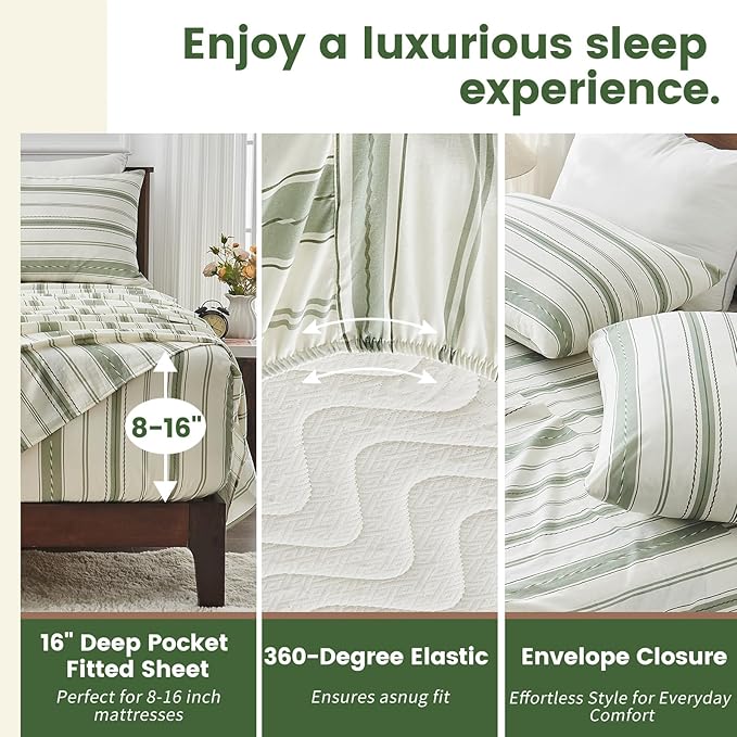 100% Linen Sheets Queen Size,Breathable & Durable 4-Piece Bed Flax Stripes Sheet Set,Soft All-Season Bedding for Hot Sleepers 16" Deep Pocket Oeko-TEX Certified,（Queen, Green Stripes）