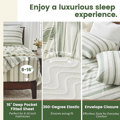 100% Linen Sheets Queen Size,Breathable & Durable 4-Piece Bed Flax Stripes Sheet Set,Soft All-Season Bedding for Hot Sleepers 16" Deep Pocket Oeko-TEX Certified,（Queen, Green Stripes）
