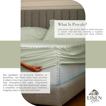 Linen Home 100% Cotton Percale Sheets King Size, Sage, Deep Pocket, 4 Pieces Set - 1 Flat, 1 Deep Pocket Fitted Sheet and 2 Pillowcases, Crisp Cool and Strong Bed Linen