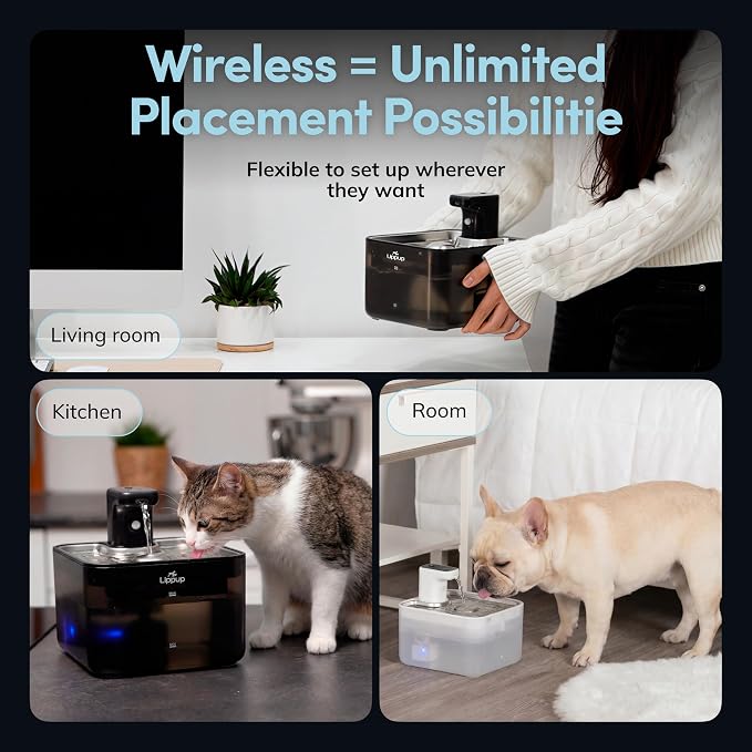 Cat Water Fountain Cordless, 88oz/2.6L Wireless Pet Water Fountain for Cats Indoor, Battery Operated Cat Drinking Fountain with Motion Sensor, Ultra Quiet Pump, BPA-Free, Black