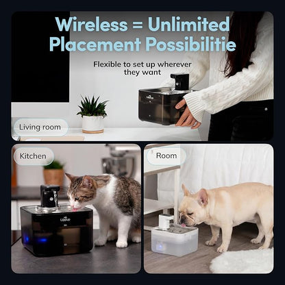 Cat Water Fountain Cordless, 88oz/2.6L Wireless Pet Water Fountain for Cats Indoor, Battery Operated Cat Drinking Fountain with Motion Sensor, Ultra Quiet Pump, BPA-Free, Black