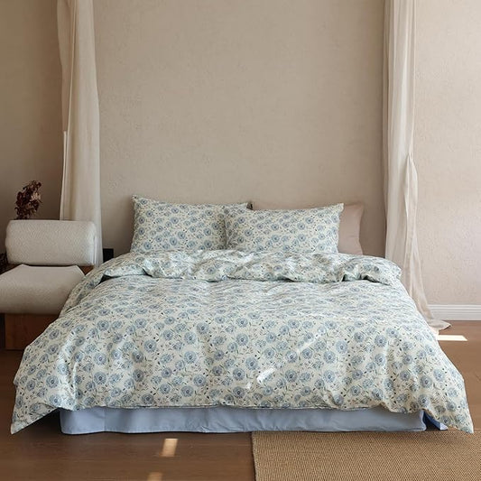 Floral Queen Comforter Set Down Alternative Boho Bedding Set 100% Cotton Cute Fluffy Lightweight Bedding Comforter Sets for Girls Soft Puffy Teen Bed Comforter with 2 Pillowcases