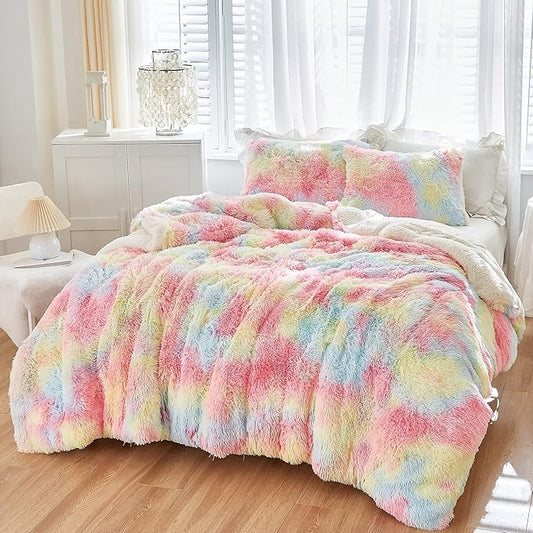 Luxury Faux Fur Shaggy Comforter Set Twin Size, Plush & Sherpa Reversible Comforter Tie Dye Rainbow, 3 Pieces Fluffy Fuzzy Bedding Set Ultra Soft and Warm for Winter (1 Comforter + 2 Pillowcases)