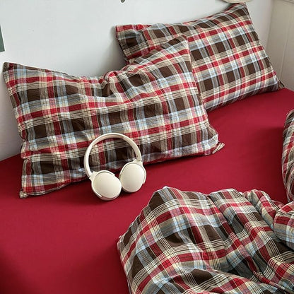VM VOUGEMARKET Red Buffalo Gingham Duvet Cover Set Queen,3 Pieces Washed Cotton Bedding Set,Breathable Luxury Plaid Duvet Cover with Zipper Closure for Girls (Red&Brown)
