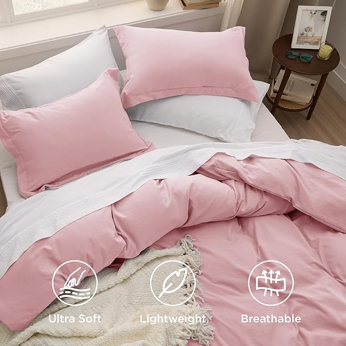 Bedsure Pink Duvet Cover Full Size - 3 Pieces Prewashed Extra Soft Cotton-Like Polyester Bedding Set, Includes 1 Duvet Cover 80x90 Inches with Zipper Closure & 2 Pillow Shams, Comforter Not Included