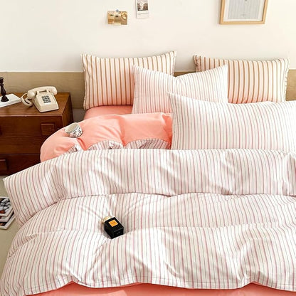 EAVD Pink White Striped Duvet Cover Queen Soft 100% Cotton Pink Vertical Ticking Stripes Bedding Set with 2 Pillowcases Modern Geometric Pattern Duvt Cover with Zipper Closure