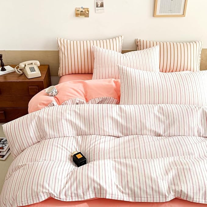 EAVD Pink White Striped Duvet Cover Twin Soft 100% Cotton Pink Vertical Ticking Stripes Bedding Set with 2 Pillowcases Modern Geometric Pattern Duvt Cover with Zipper Closure
