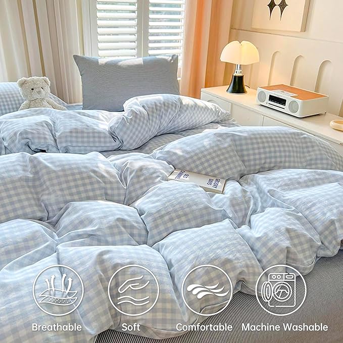 BOLINLIVING Gingham King Comforter Set 3 Pieces, Soft Breathable Bed in a Bag King Size, Light Blue White Checkered Plaid Bedding Set for All Season, 1 Comforter & 2 Pillowcases