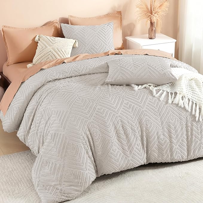 Litanika Oversized King Comforter Set Linen Grey, 3 Pieces Tufted Boho Farmhouse Bedding Comforter Set, Lightweight Fluffy All Season Comforter Set (120x98In Comforter & 2 Pillowcases)