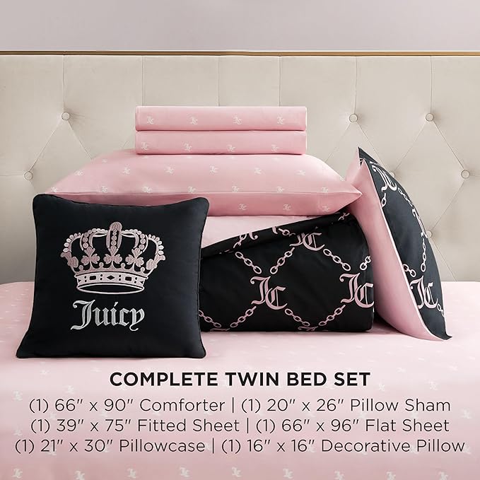 Juicy Couture Black Link Logo Printed Comforter Set, Twin – Complete 6-Piece Bed in a Bag Collection