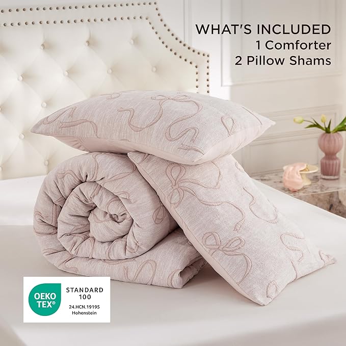 Bedsure Pink King Size Comforter Set, GentleSoft™ 3 Pieces Breathable Bow Comforter Set Women with 2 Pillow Shams, Cute King Bedding Set Pink Room Decor Aesthetic Bedroom Decor, 104x90 Inches