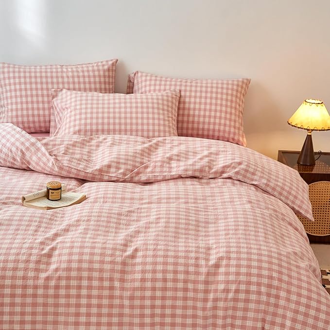 EAVD Vintage Style Gingham Plaid Duvet Cover King Pink White Soft 100% Washed Cotton Chic Warm Checkered Bedding Set with 2 Pillowcases Farmhouse Grid Gingham Duvet Cover with Zipper Closure