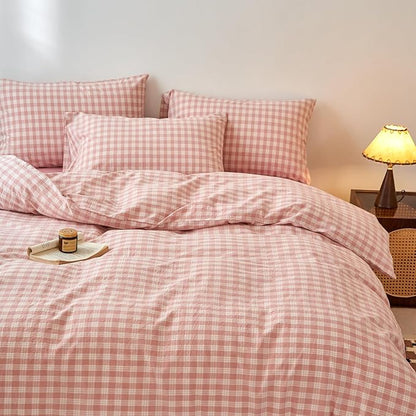 EAVD Vintage Style Gingham Plaid Duvet Cover Full Pink White Soft 100% Washed Cotton Chic Warm Checkered Bedding Set with 2 Pillowcases Farmhouse Grid Gingham Duvet Cover with Zipper Closure