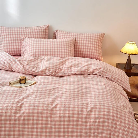 EAVD Vintage Style Gingham Plaid Duvet Cover Full Pink White Soft 100% Washed Cotton Chic Warm Checkered Bedding Set with 2 Pillowcases Farmhouse Grid Gingham Duvet Cover with Zipper Closure