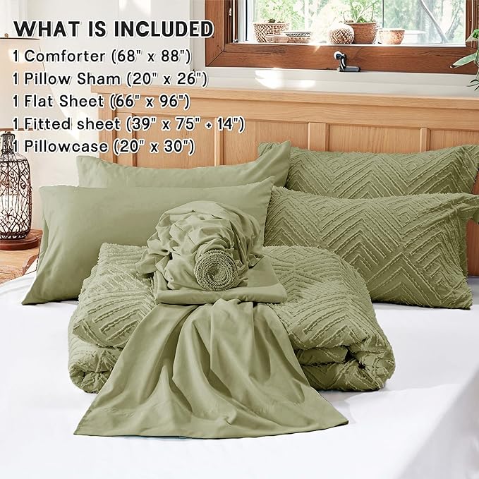 Zzlpp Twin Comforter Set 5 Pieces, Army Green Tufted Bed in a Bag with Comforter and Pillowcase, All Season Boho Bedding Sets with 1 Comforter, 1 Pillow Sham, 1 Flat Sheet, 1 Fitted Sheet