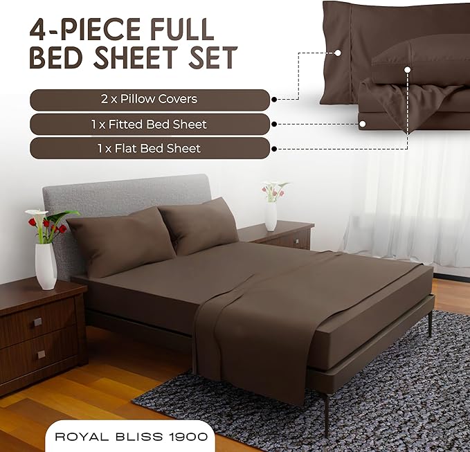 Full Size Bed Sheets – 4Pcs Bed Sheets Full Size Set, Deep Pocket, Double Brushed Microfiber, Fade Resistant, Soft & Breathable for Cozy and Comfortable Sleep(Chocolate)