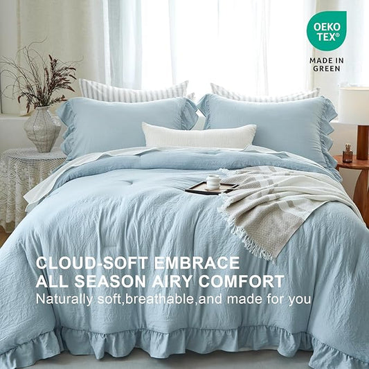 Blue Ruffle Comforter Set Queen, Pre-Washed Shabby Chic Bedding Set, Lightweight Cottagecore Soft Romantic Cozy 1 Comforter & 2 Shams, All-Season