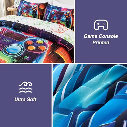 A Nice Night Boys Twin Size 5-Piece Game Console Comforter Set, for Kids Teen 3D Colorful Background Colorful Universe Gamepad Gaming Printed Matching Sheet Sets Black-Red