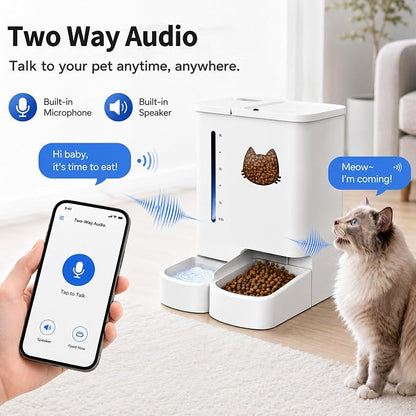 Waithem Automatic Cat Feeder with Camera, 5GHz/2.4GHz WiFi Smart Pet Food Dispenser with HD Night Vision, App Remote Control, 2-in-1 Food and Water Station, Detachable for Cleaning (Ice White)