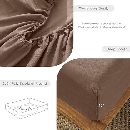 MooMee Fitted Bottom Sheet Only 100% Washed Cotton Linen Like Textured Breathable Durable Soft Comfy Deep Pocket Fits Mattress up to 17" (Brown, King)