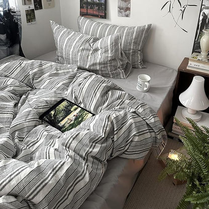 VM VOUGEMARKET Full Comforter Set Vintage Grey White Striped Dorm Bedding with Matching Pillowcases Lightweight Luxury Comforter for Boys Men