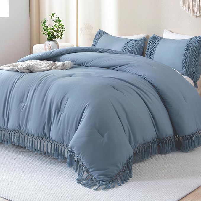 Andency Grayish Blue Comforter Set Queen, 3 Pieces Boho Tassel Lightweight Soft Bedding Comforter Sets, All Season Fluffy Fringe Bed Set (90x90In Comforter & 2 Pillowcases)