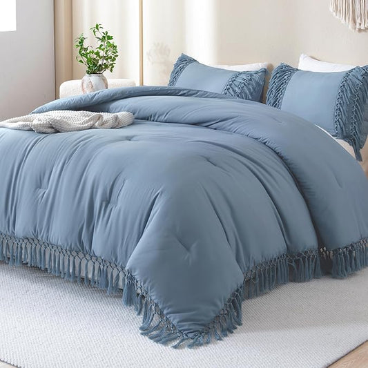 Andency Grayish Blue Comforter Set Queen, 3 Pieces Boho Tassel Lightweight Soft Bedding Comforter Sets, All Season Fluffy Fringe Bed Set (90x90In Comforter & 2 Pillowcases)