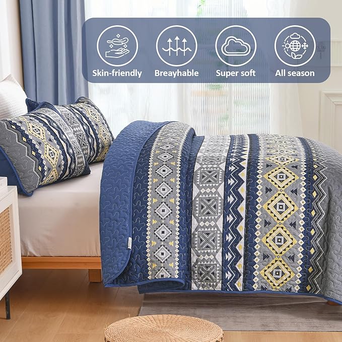 WONGS BEDDING 3 Pieces Quilt Set Queen Size, Navy Blue Quilt Bedspread Lightweight Bohemian Coverlet Set with 2 Pillowcase, Soft Geometry Printed Bedding Set Queen for All Season 96"×90"