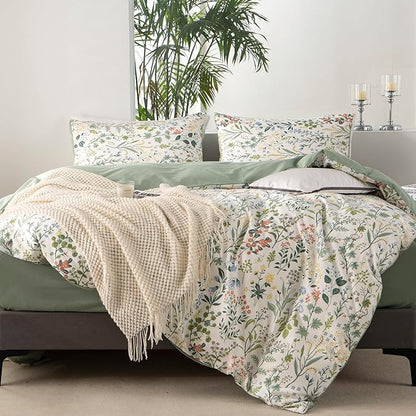 Floral Comforter Set Full Soft Bedding Comforter Set 3 Pieces Garden Style Green Red Flower Print Botanical Flowers Comforter Set for All Seasons 1 Comforter and 2 Pillowcases (Floral, Full)