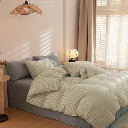 EAVD Modern Gingham Duvet Cover Queen Soft Washed Cotton Yellow Blue Grid Plaid Bedding Set with 2 Pillowcases Farmhouse Reversible Plaid Checkered Duvet Cover with Zipper Closure