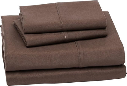 Amazon Basics Lightweight Super Soft, Breathable, Wrinkle-Free Microfiber 4 Piece Bed Sheet Set with 14-Inch Deep Pockets, Queen, Chocolate, Solid