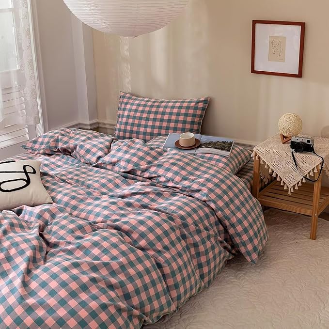 mixinni Plaid Comforter Set King - 3 Piece Soft Geometric Checkered Comforter with 2 Pillow Shams, Modern Gingham Pattern Bedding Set for All Season, Breathable & Soft Cozy (Pink, Purple, Blue)