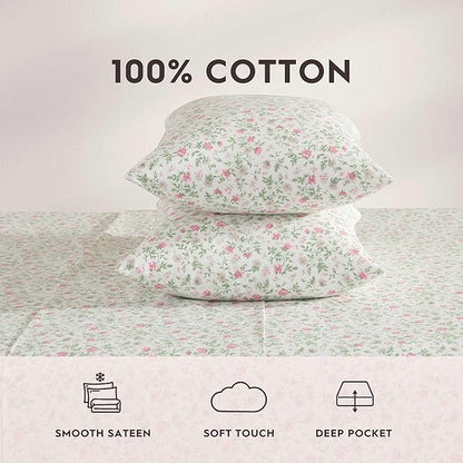 Laura Ashley - King Sheet Set, Super Soft Cotton Percale Bedding Set with Matching Shams, Oeko-Tex Certified (Bonnie Pink, King)