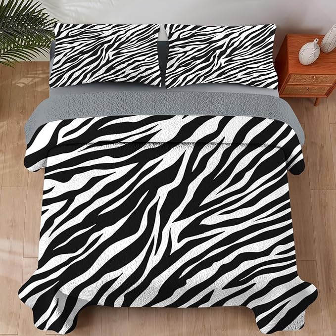 Quilt Set Full/Queen Size, Zebra Stripe Animal 3 Pcs Soft Bed Cover Bedding Set for Kids and Adults, Black White Lightweight Bedspread Coverlet with Pillow Sham for All Season