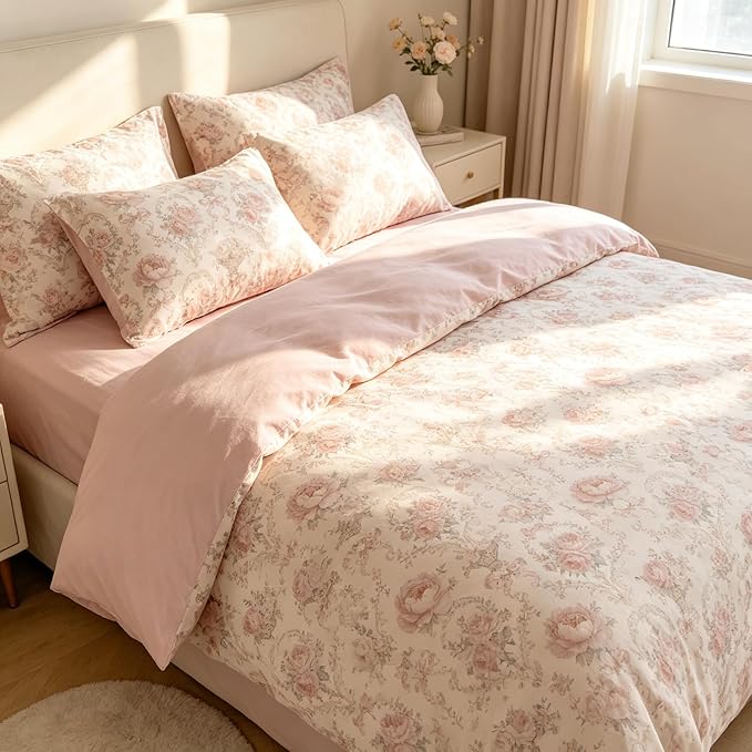 Coquette Cottagecore Comforter Set King Size, 3Pcs Shabby Chic Flower Bedding for Women Teen Girls, French Country Style Quilted Comforter with 2 Pillowcases, 90"x90"