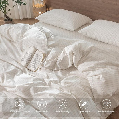 MooMee Striped Duvet Cover Set 100% Washed Cotton Linen Like Textured Breathable Durable Soft Comfy (White Almond Milk Grey Wide Stripes, Cal King 104"x98")