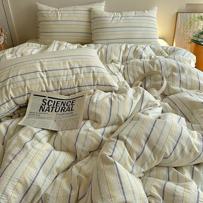 EAVD Retro Striped Duvet Cover Set Queen Size 100% Cotton Chic Stripes Printed Bedding Set with 2 Pillowcases Vintage Geometric Pattern Duvet Cover with Zipper Closure(Yellow&Purple&Blue, Queen)