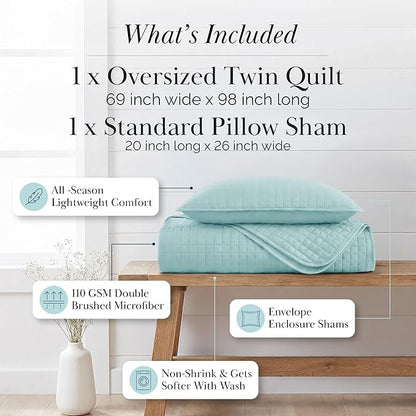 Southshore Fine Living, Inc. Twin Quilt Bedding Set, Soft Microfiber Coverlet Bedspread, Stain and Pet Hair Resistant Bedding, XL/Twin Blue Quilt Comforter Set with 1 Pillow Sham, Sky Blue