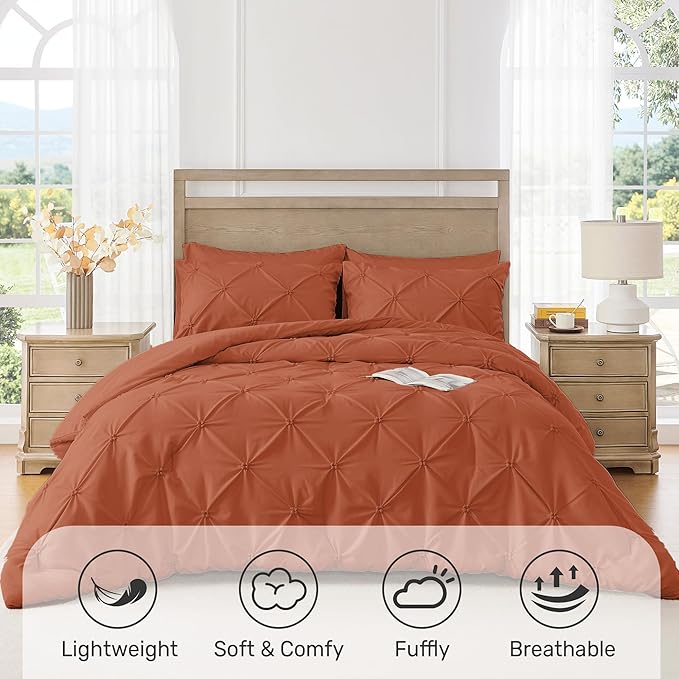 UNIKOME Queen Comforter Set Burnt Orange - Ultra Soft Boho Pintuck Down Alternative Bedding Set for All Seasons, 3 Pieces Lightweight Warm Pinch Pleat Bed Set with Comforter, 2 Pillowcases
