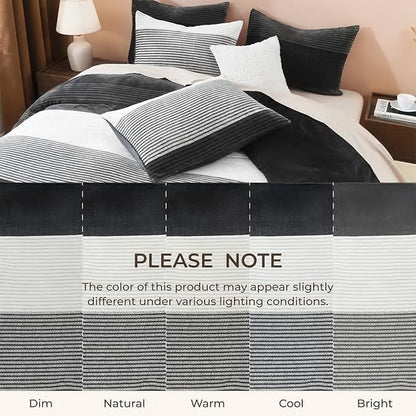 Litanika Fluffy Fleece Queen Comforter Set, Luxury Soft Plush Fuzzy Grey White Stripe Bedding Comforter Sets, Warm Shaggy Faux Fur Bed Set All Season (1 Comforter, 2 Pillowcases)