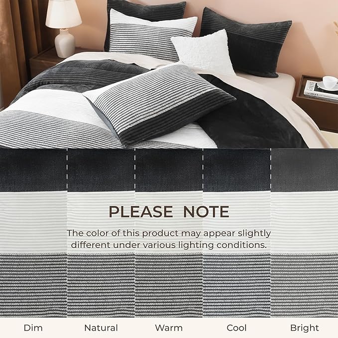 Litanika Fluffy Fleece Twin Comforter Set, Luxury Soft Plush Fuzzy Grey White Stripe Bedding Comforter Sets, Warm Shaggy Faux Fur Bed Set All Season (1 Comforter, 1 Pillowcase)