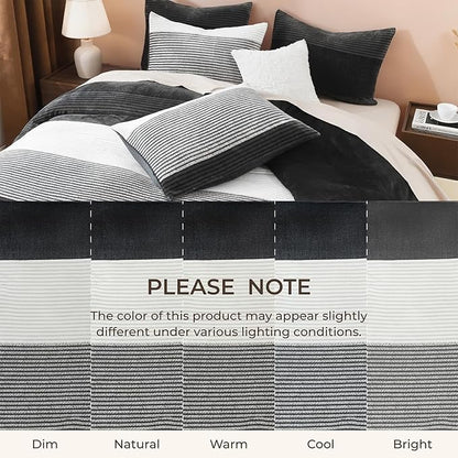 Litanika Fluffy Fleece Twin Comforter Set, Luxury Soft Plush Fuzzy Grey White Stripe Bedding Comforter Sets, Warm Shaggy Faux Fur Bed Set All Season (1 Comforter, 1 Pillowcase)