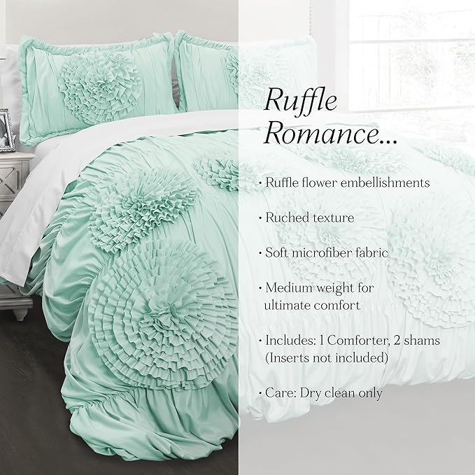 Lush Decor Serena Comforter Set, 3 Piece Set, Full/ Queen, Aqua - Cute Comforter - Queen Bedding Set - Blue Comforter Queen Size - Coquette Decor
