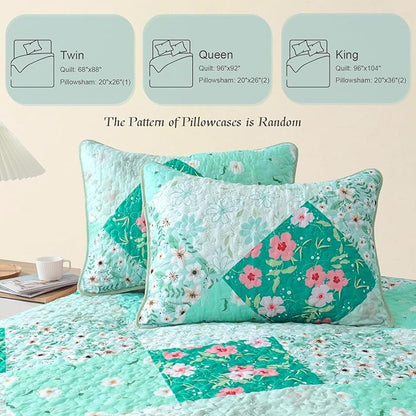 Whale Flotilla Patchwork Quilt Twin Size, Extra Soft Boho Floral Bedspreads for Bed Reversible Lightweight Twin Quilt Bedding Set Printed Coverlets with 1 Pillow Sham for All Seasons, Green