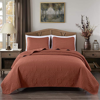 Chezmoi Collection Austin Queen Bedspread Set 3-Piece Pinsonic Quilted Oversized Bedspread Coverlet Set, Queen, Terracotta | Oversized, Lightweight, Fade Resistant