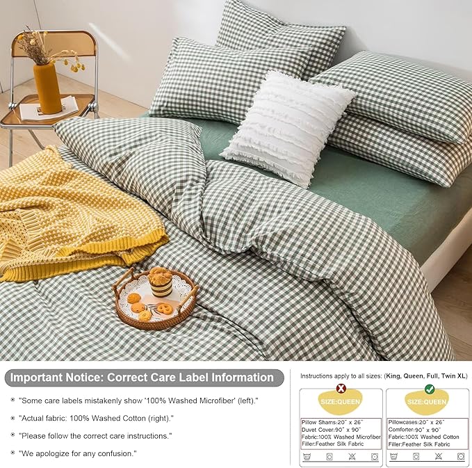 mixinni Green Gingham Comforter Set King, Plaid Comforter Set 3 Pieces 1 Green Grid Comfoter with 2 Pillow Cases for All Seasons, Soft Fluffy Modern Grid Pattern Printed Bedding-King Size