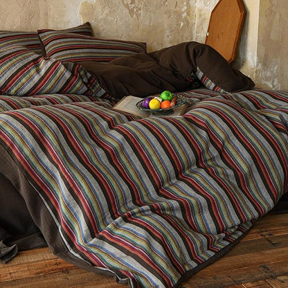 EAVD Retro Striped Duvet Cover Set Twin Soft 100% Cotton Muslin Bohemian Colorful Vertical Striped Bedding Set with 2 Pillowcases Rustic Farmhouse Style Geometric Pattern Duvet Cover with Zipper